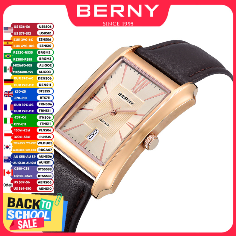 Leather Watch Band Men - BERNY jam tangan Quartz persegi panjang