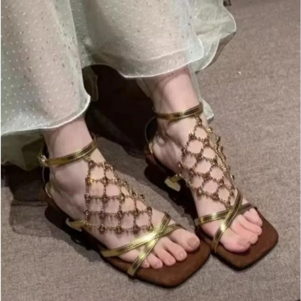 Mesh Strap Metal - Sandal Wanita Hak Tinggi Model Romawi,
