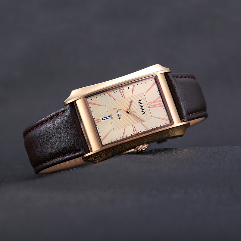 BERNY jam tangan Quartz perseg - Leather Watch Band Men ulasan dan harga